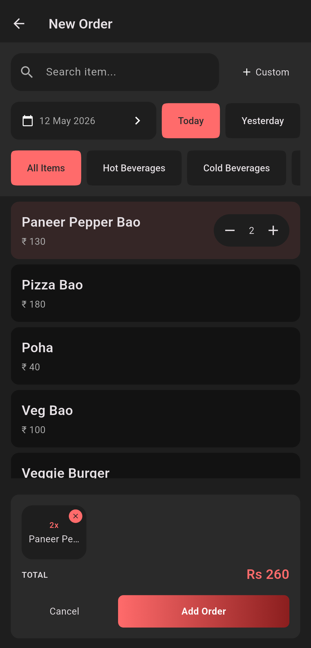 Order Creation Screen