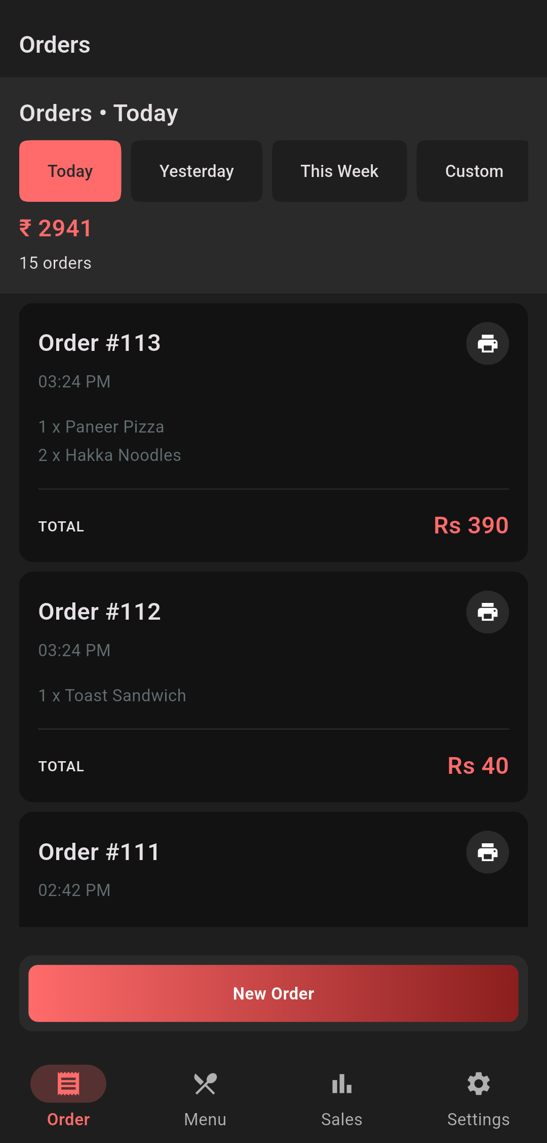 Order Screen